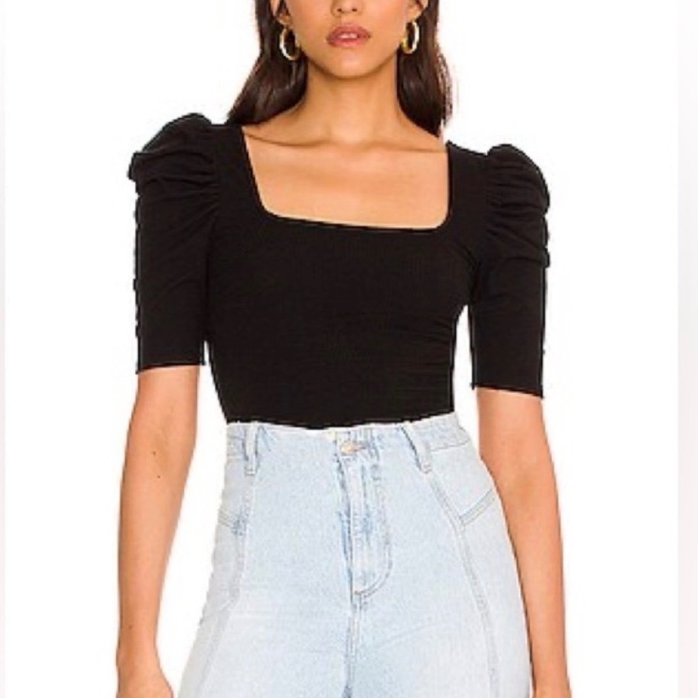 We The Free People Night Lily Black Ribbed Square Neck Puff Sleeve Top Large